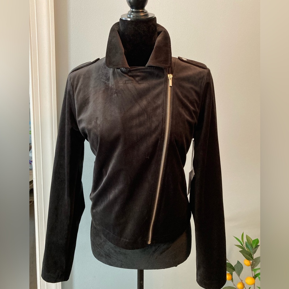 NWT LC Lauren Conrad Black Sueded Moto Jacket Collar Zippered Black Moto Coat - Picture 5 of 13